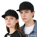 Black sugar skull rivet snapback baseball cap with glossy black metal stud spikes on front panel