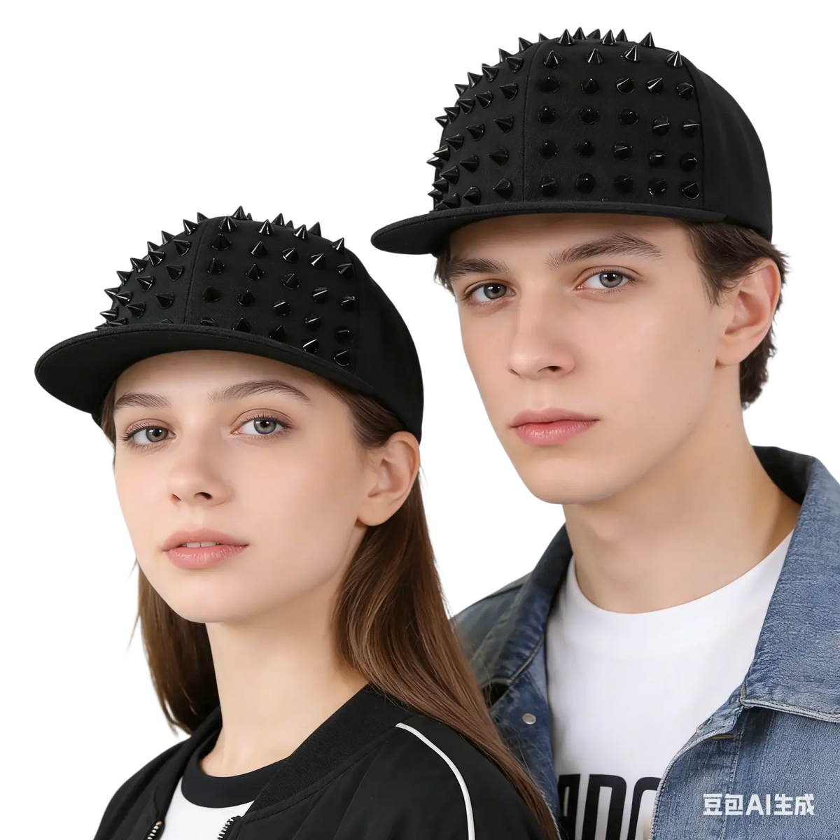 Black sugar skull rivet snapback baseball cap with glossy black metal stud spikes on front panel