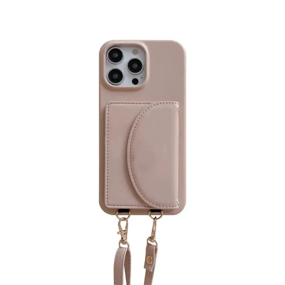 Beige litchi leather phone case with built-in card slot and detachable lanyard shown from the back side