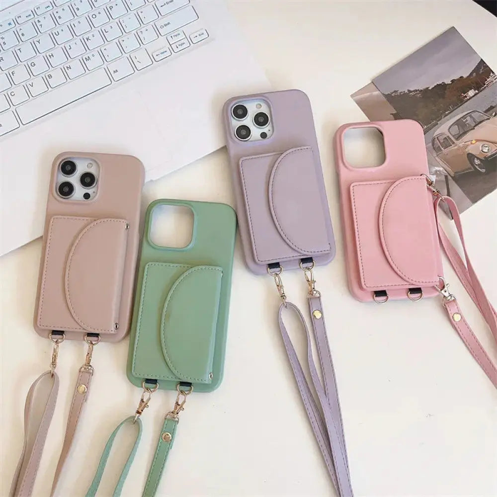 Pastel-colored litchi leather card holder phone cases with attached card slots and wrist straps shown from the back side
