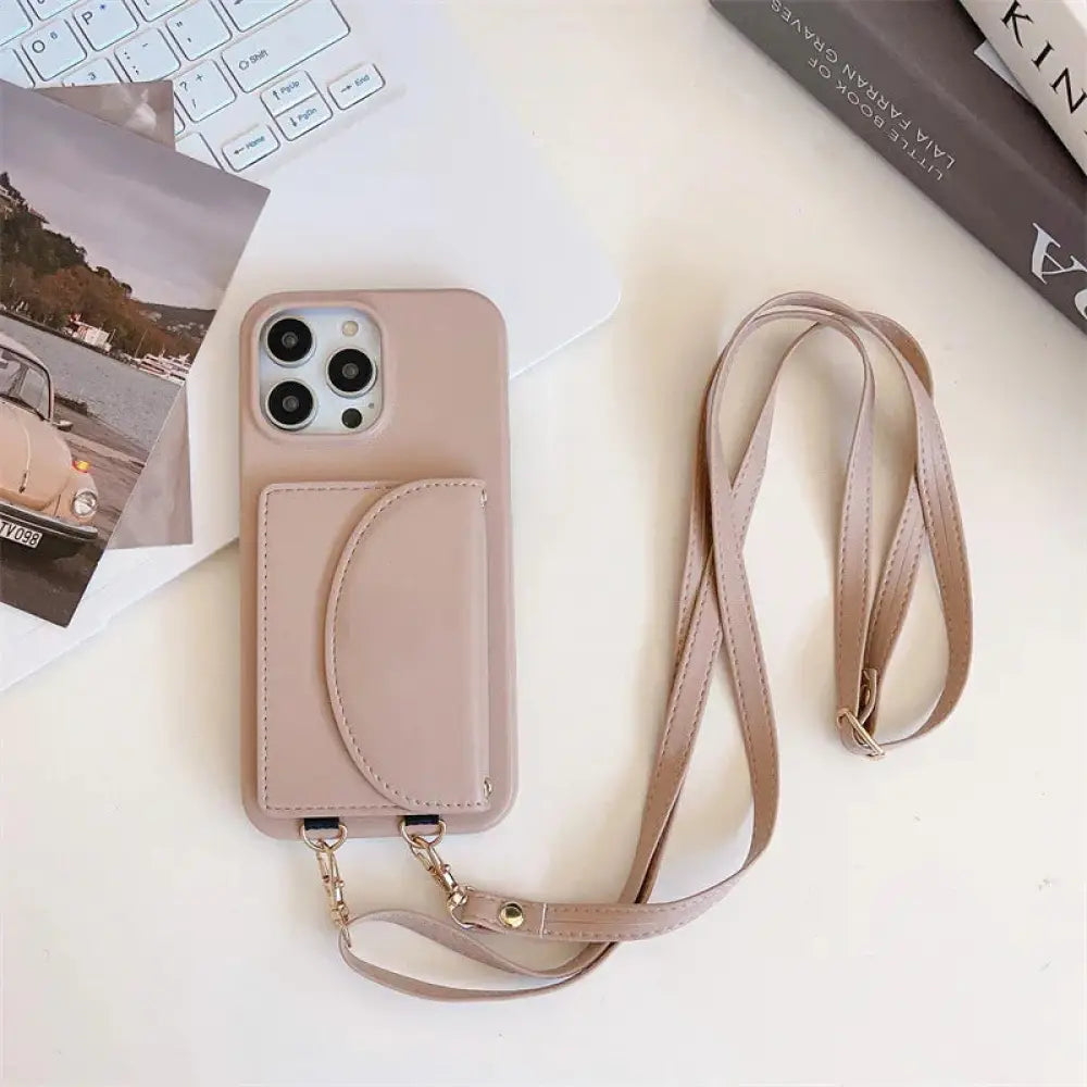 Beige litchi leather card holder phone case with detachable strap and card slot shown from the back side