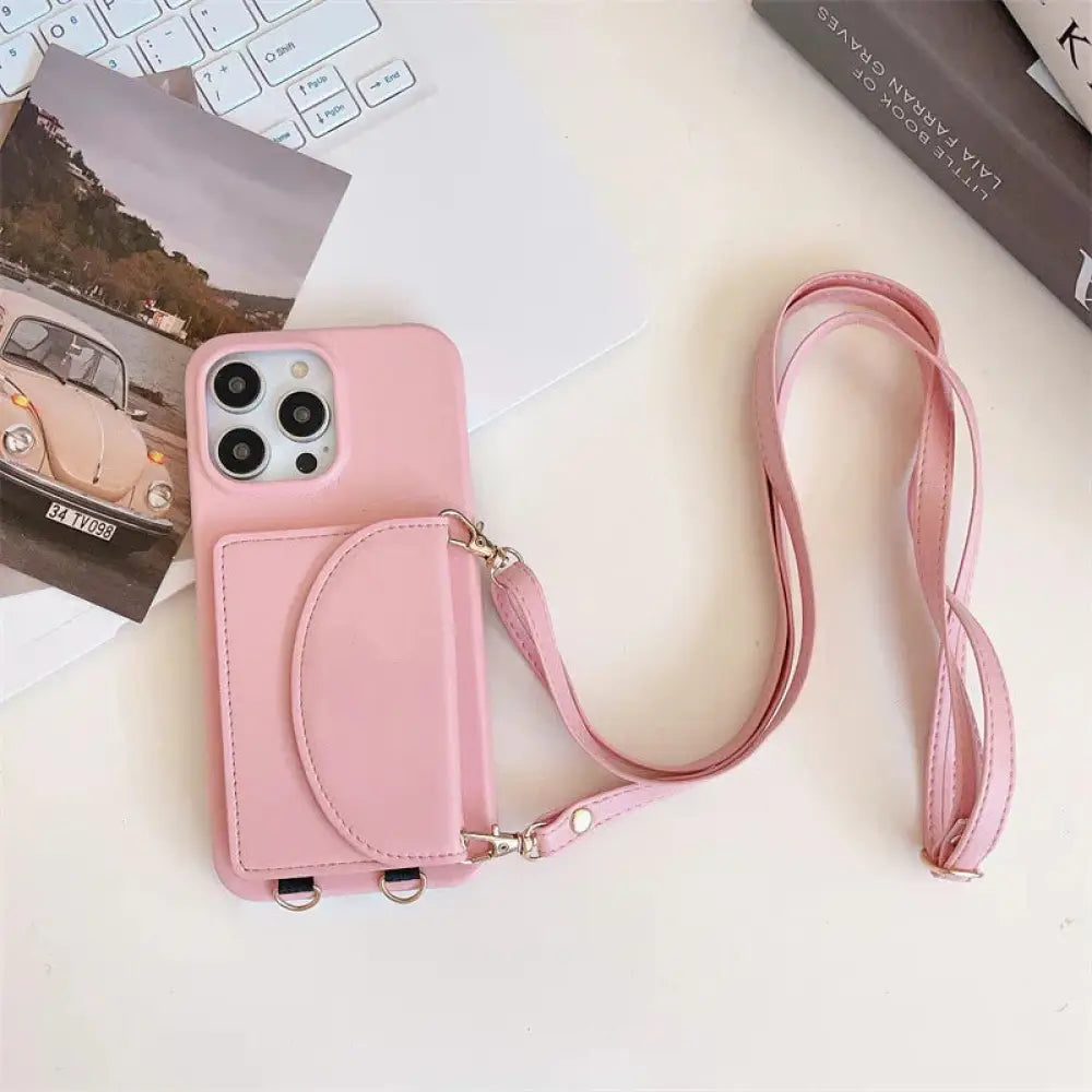 Pink litchi leather card holder phone case with back strap and card pocket for convenient carrying
