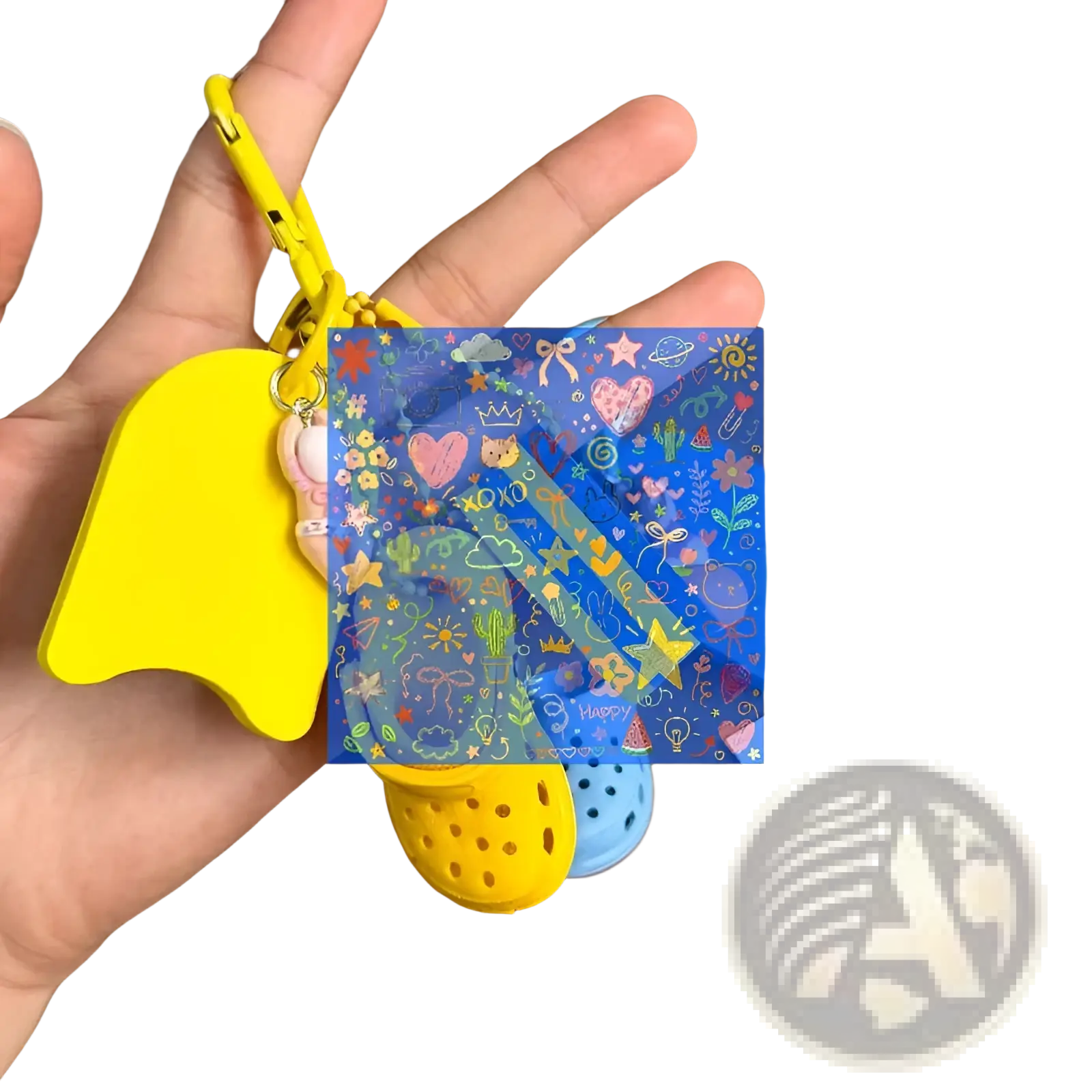 Blue transparent summer beach clog keychain bag charm with colorful cartoon illustrations and yellow carabiner clip