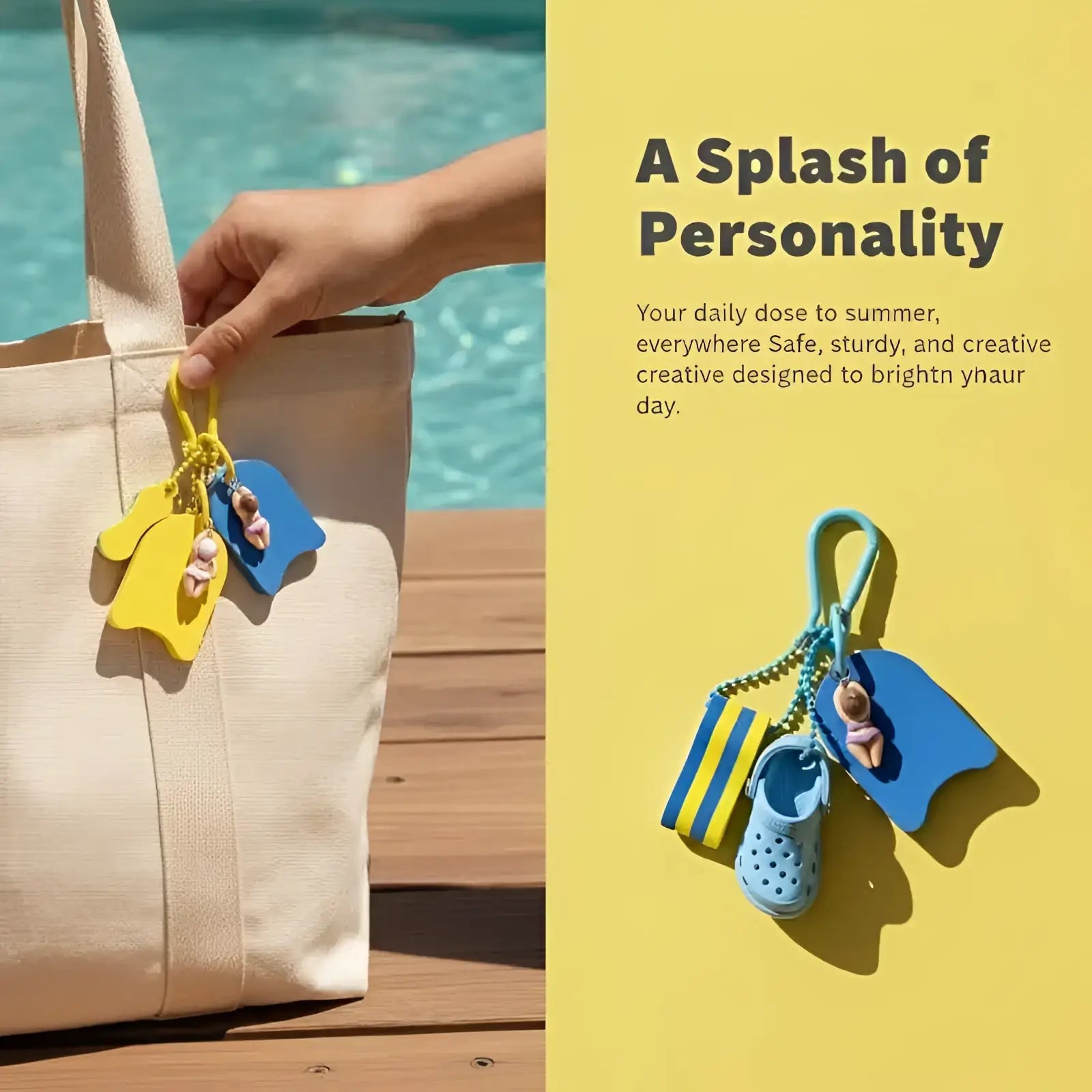 Summer beach clog keychain bag charm in bright yellow and blue silicone with miniature flip-flops pool noodle and figurine