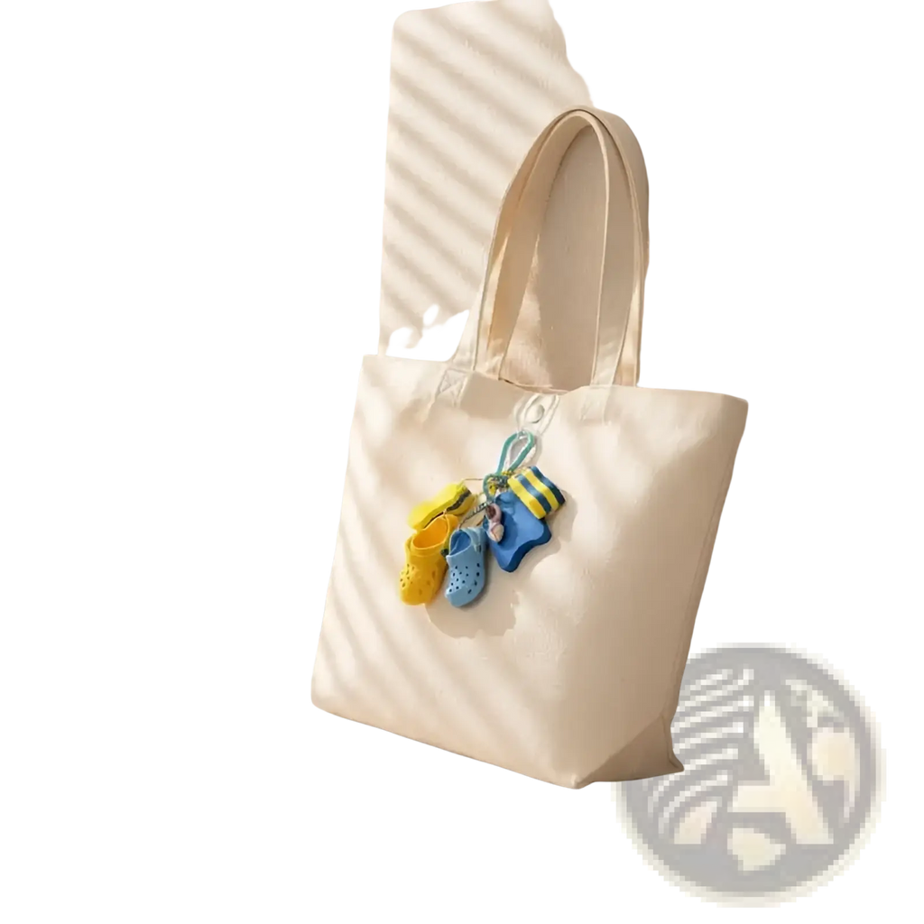 Cream-colored canvas tote bag with matching handles featuring colorful yellow and blue summer beach clog keychain charms