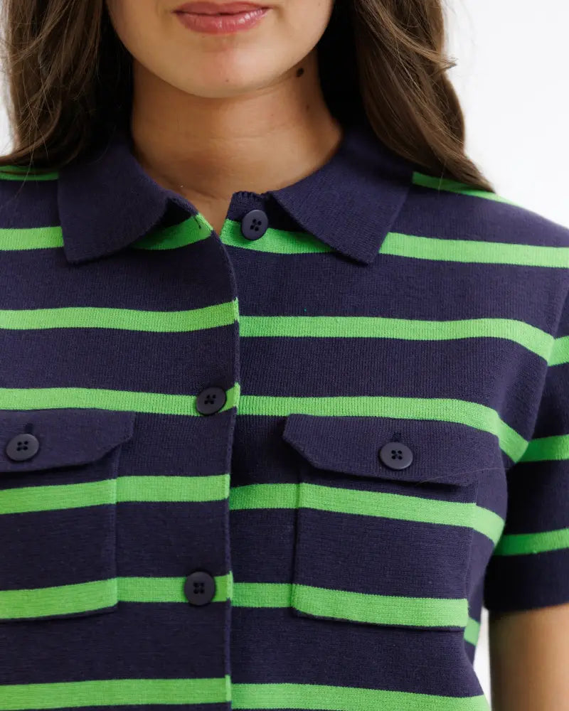 Navy blue and neon green striped cotton short sleeve polo shirt with buttoned chest pockets for summer camp wear