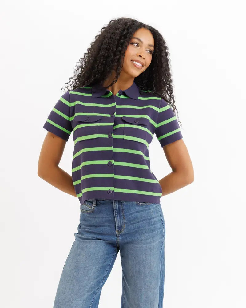 Summer camp striped cotton short sleeve cardigan top navy and neon green horizontal stripes with collar and front pockets