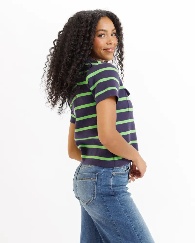 Summer camp striped cotton short sleeve cardigan top with navy and lime green horizontal stripes and a collar