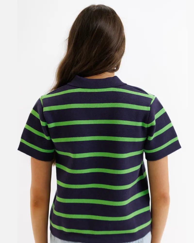 Summer camp striped cotton short sleeve cardigan top with navy blue and bright green horizontal stripes