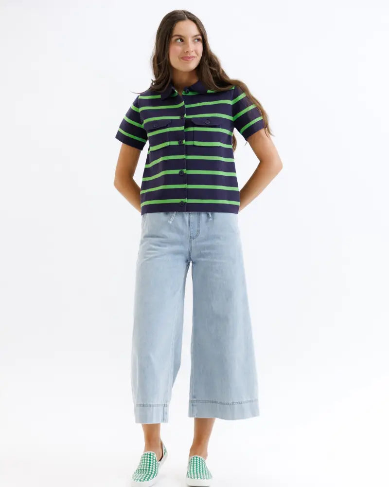 Navy and green striped cotton short sleeve button-up cardigan top with collar for summer camp wear