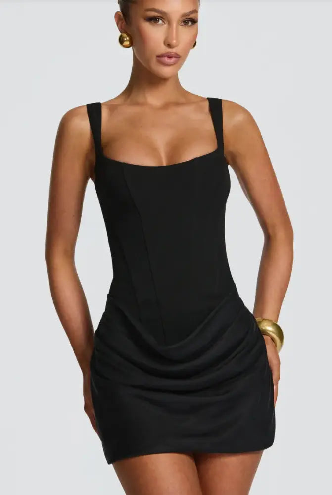 Black ruched corset sleeveless mini party dress with square neckline and draped fabric detail
