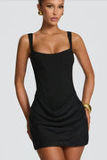 Black ruched corset sleeveless mini party dress with square neckline and draped fabric detail