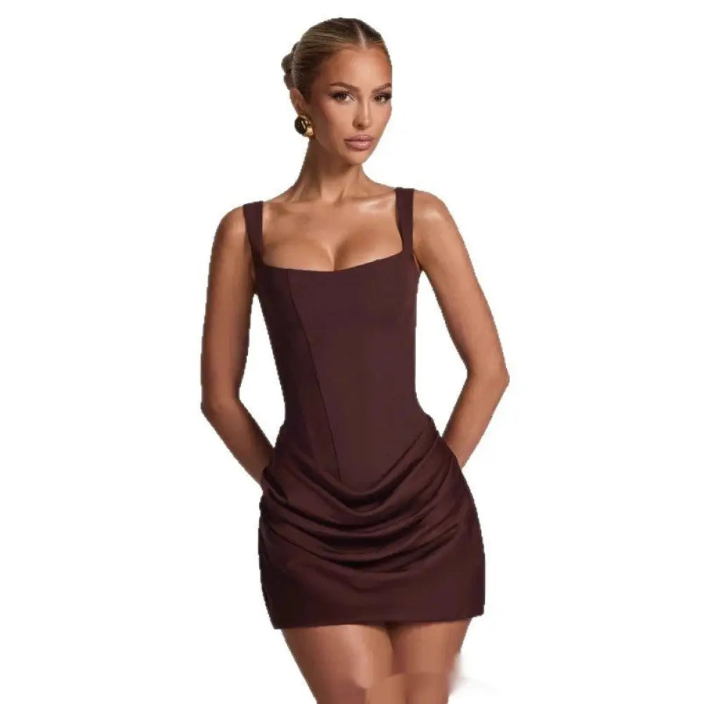 A sleek dark brown ruched corset sleeveless mini party dress with square neckline and draped front detail