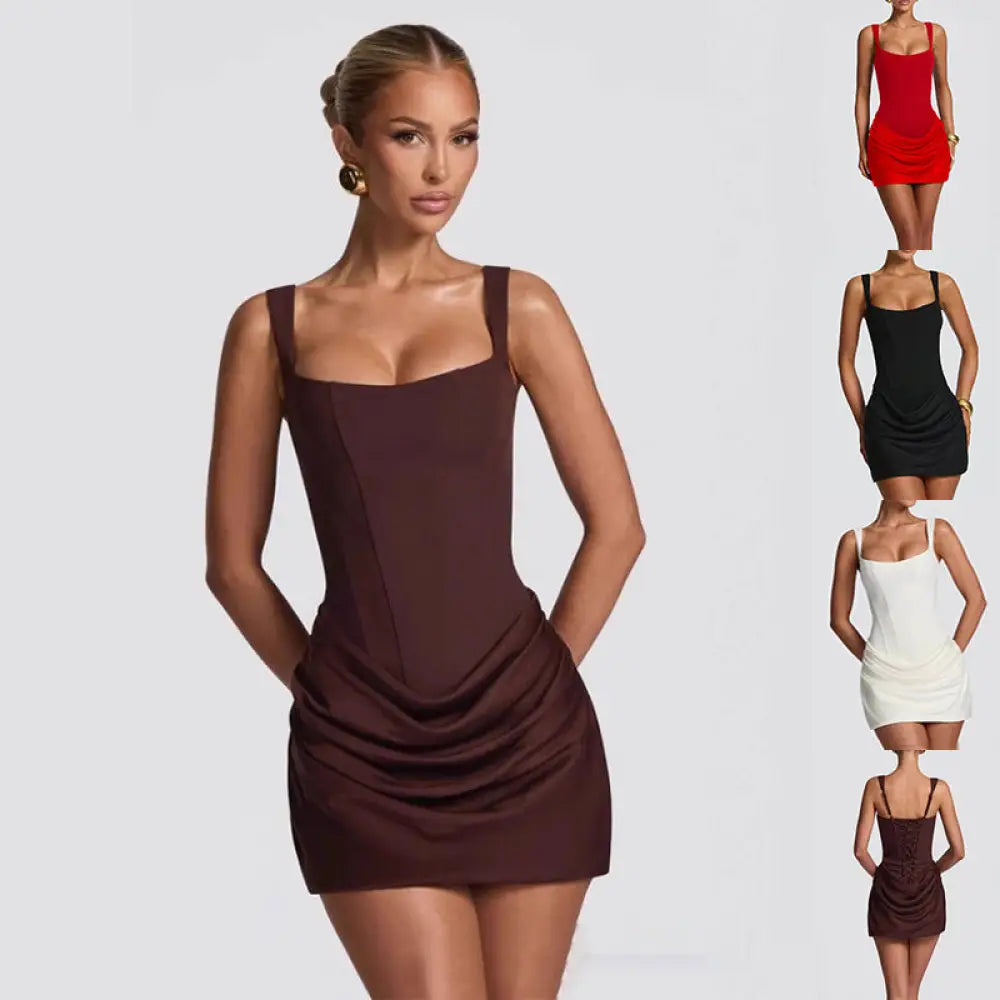 A sleek brown ruched corset sleeveless mini party dress with square neckline and draped front detail