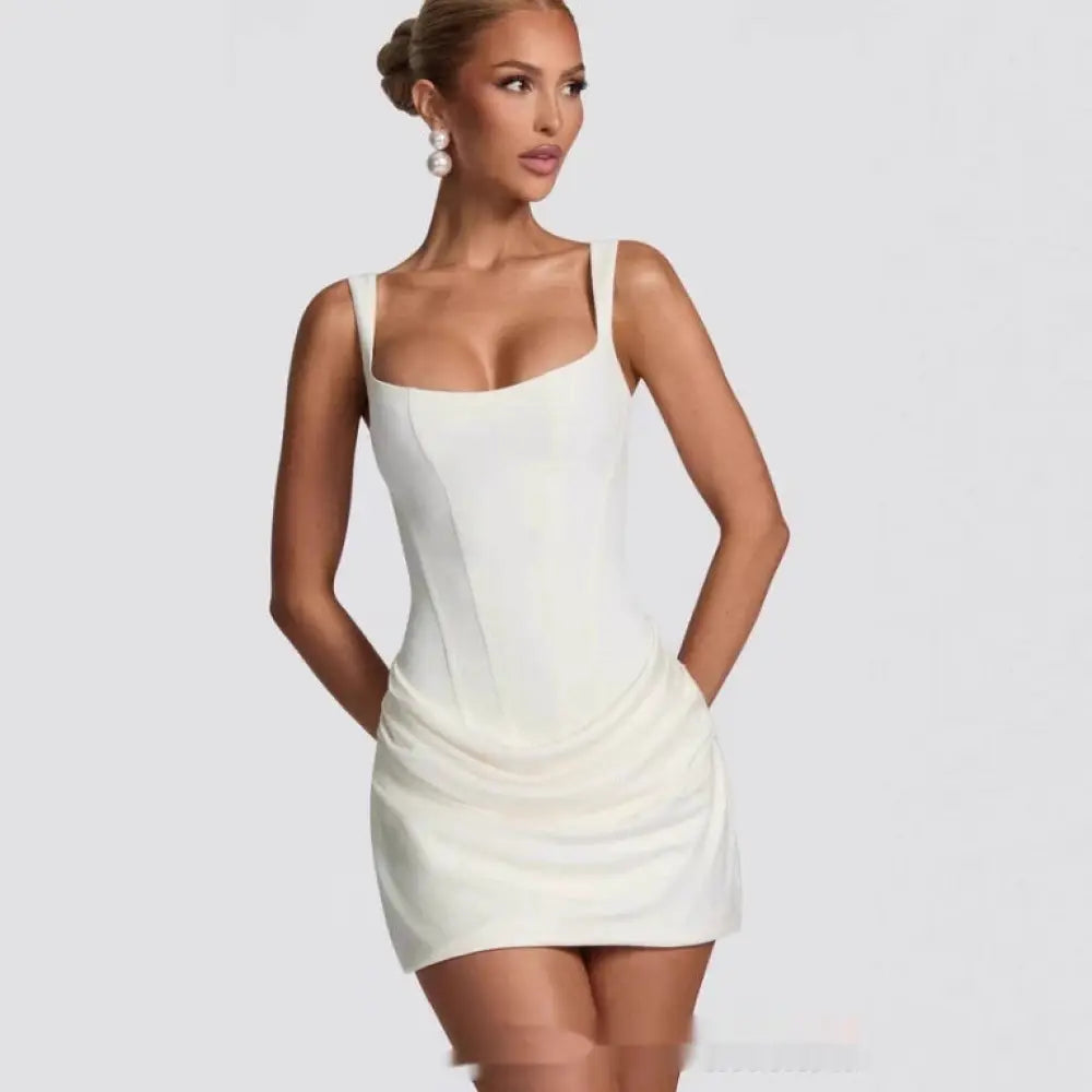 Ruched corset sleeveless mini party dress in off-white with square neckline and subtle waist ruching