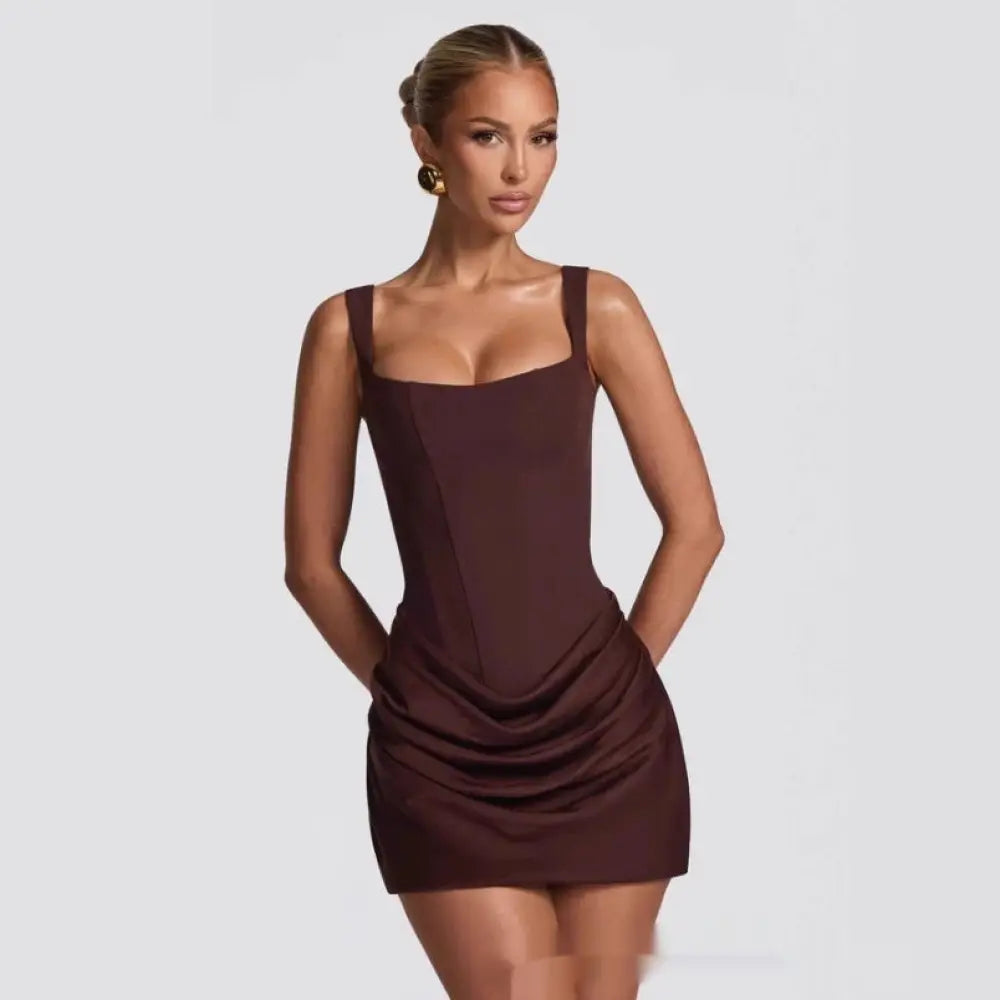 A sleek dark brown satin ruched corset sleeveless mini party dress with square neckline and thin straps