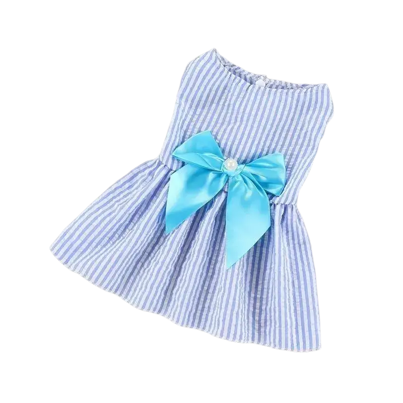 A charming blue and white striped sleeveless summer dog dress with turquoise satin bow made of polyester fiber from mainland china