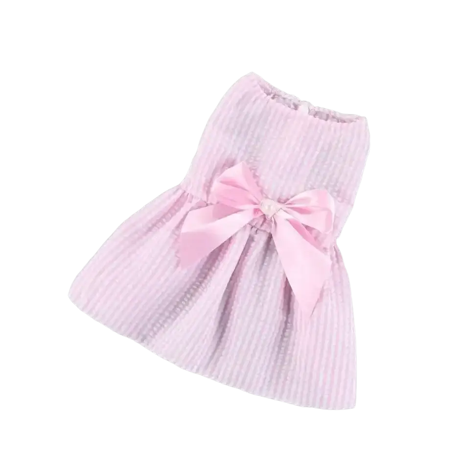 A delicate pink striped summer dog dress made of polyester fiber with a matching satin bow for spring summer wear