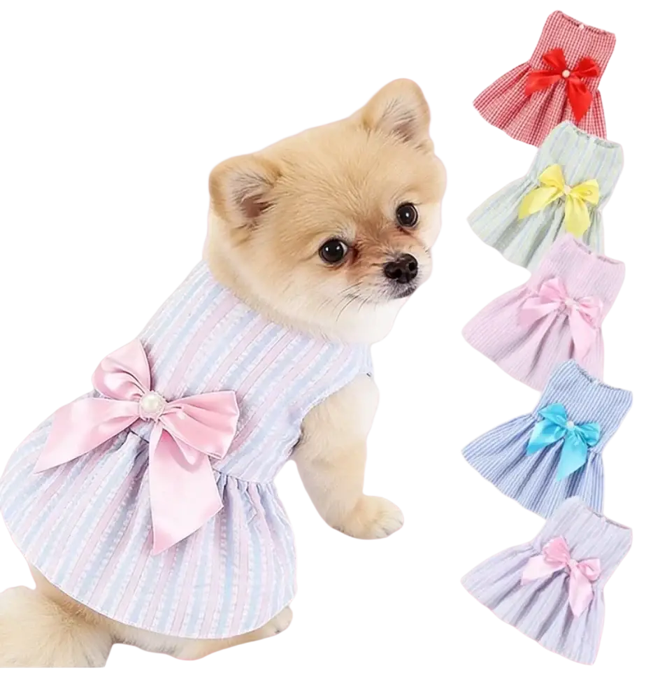 A light blue and white striped summer dog dress polyester fiber princess skirt with a pink satin bow pearl detail from mainland China