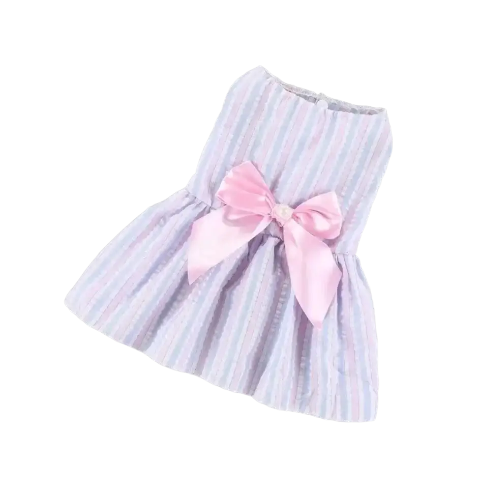 Back view of a pastel striped sleeveless summer dog dress with polyester fiber fabric and pink satin bow from mainland china for spring summer