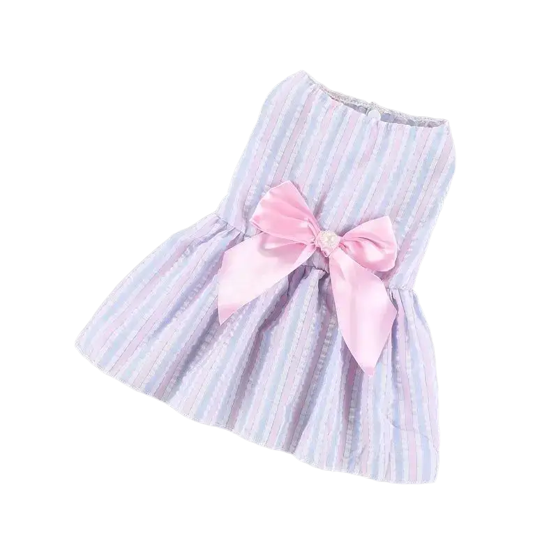 A pastel-striped polyester fiber baby dress with a soft pink satin bow for spring summer made in mainland china