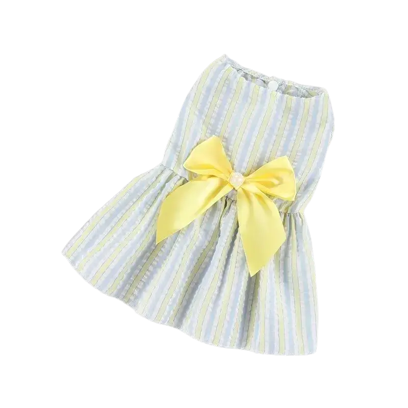 A charming pastel-striped summer dog dress with bright yellow satin bow made of polyester fiber for spring summer use