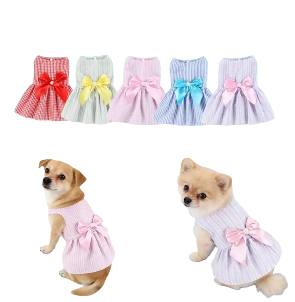 Back view of pink striped polyester fiber dog dress with matching bow suitable for spring summer wear from mainland china