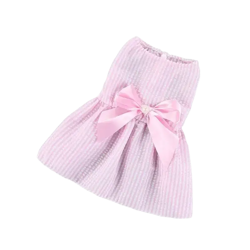 Pink and white striped summer dog dress with satin bow made of polyester fiber from mainland china for spring summer use