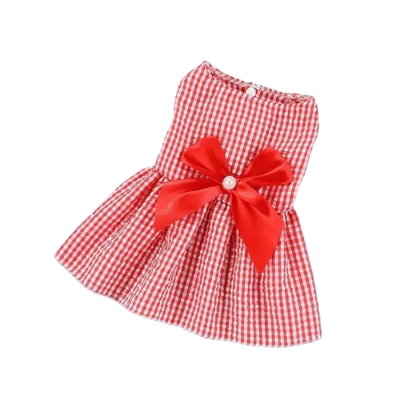 Red and white gingham polyester fiber pet dress with satin bow waist for spring summer from mainland china