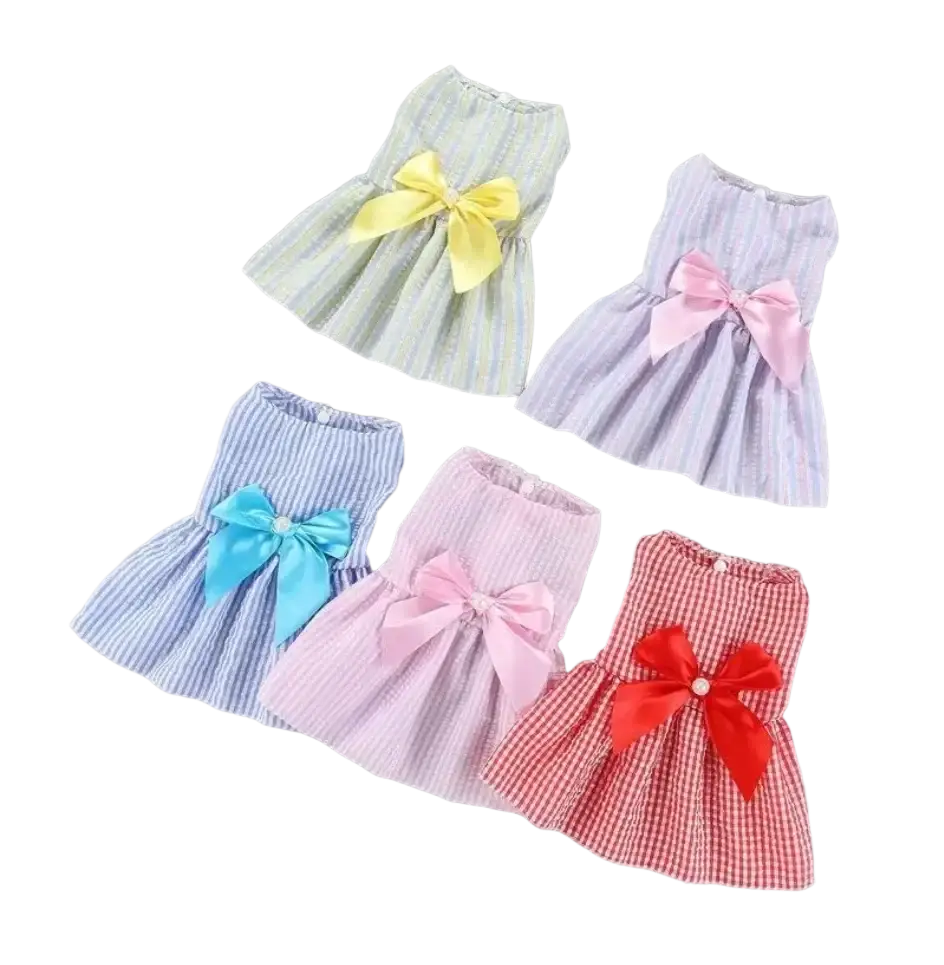 Strawberry pink and white gingham polyester fiber summer dog dress with red satin bow for spring summer wear from mainland China