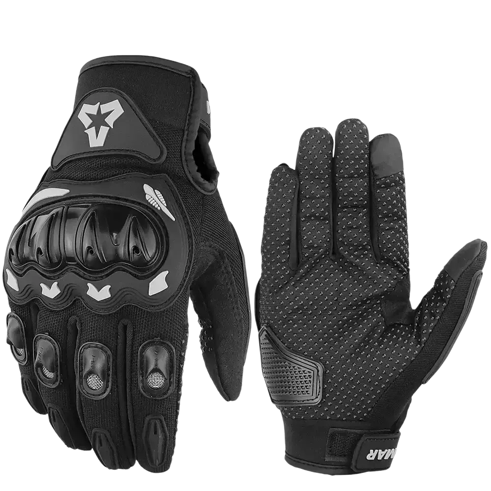 Black summer motorcycle gloves with reinforced padding white star logo on back suitable for touch screen use