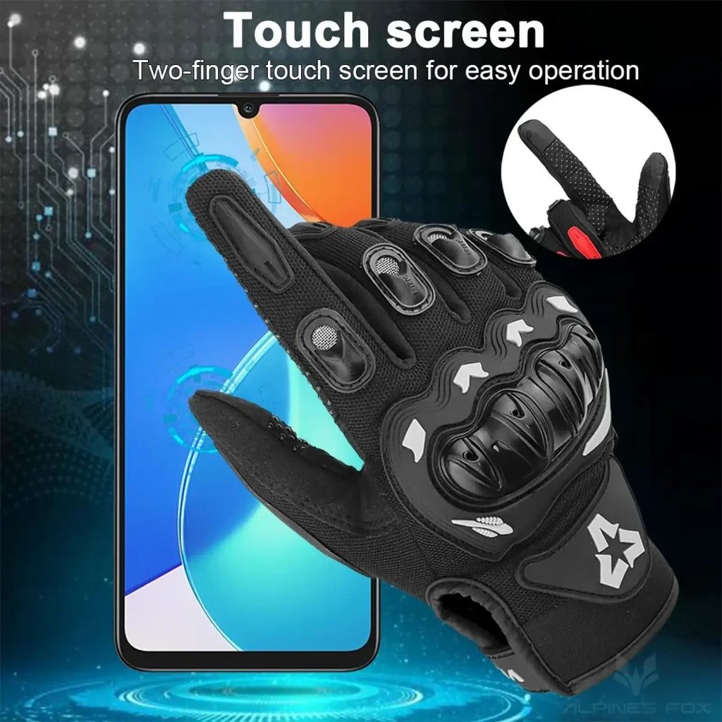 Black summer motorcycle glove with white accents and reinforced padding for touchscreen operation shown from the back side