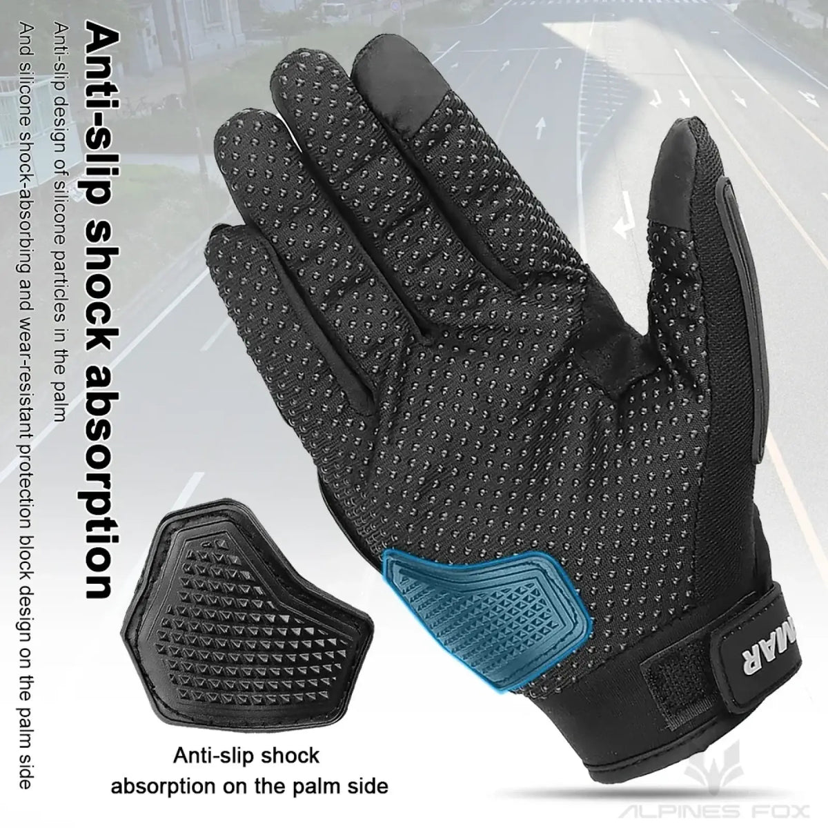 Black summer motorcycle glove with textured silicone palm grip dots blue reinforced patch and adjustable wrist strap
