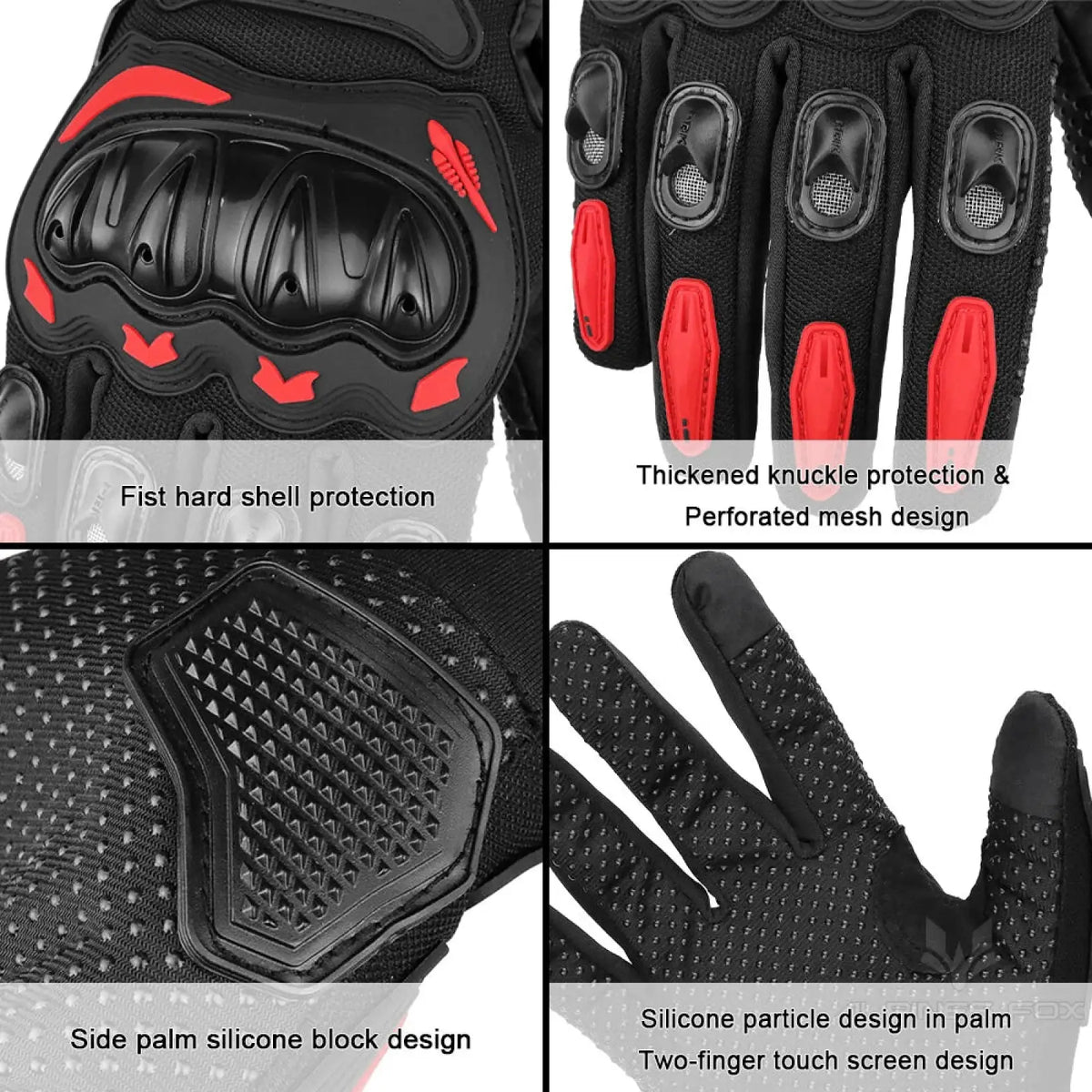 Summer motorcycle gloves in black and red with hard shell protection mesh design grip and two-finger touchscreen feature