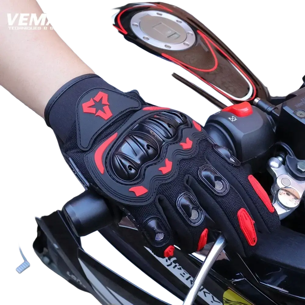 Back side of black and red summer motorcycle glove with touch screen mesh fabric and reinforced knuckle protection