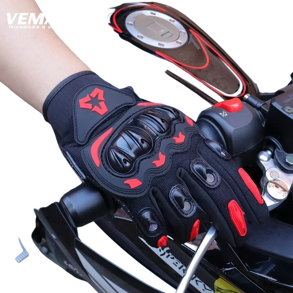 Back side of black and red summer motorcycle glove with touch screen mesh fabric and reinforced knuckle protection