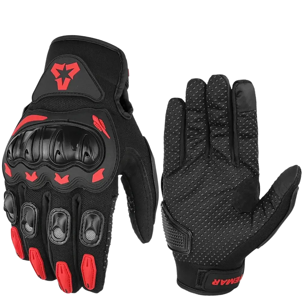 Back side of black and red vemar summer motorcycle gloves with touch screen mesh and reinforced padding