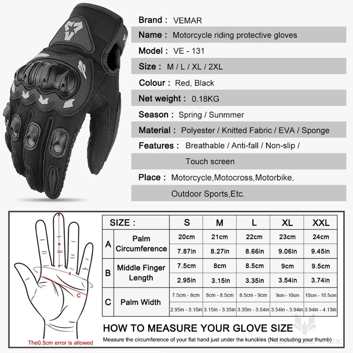 Black and red vemar ve-131 summer motorcycle gloves with touch screen mesh protection made of polyester and eva materials