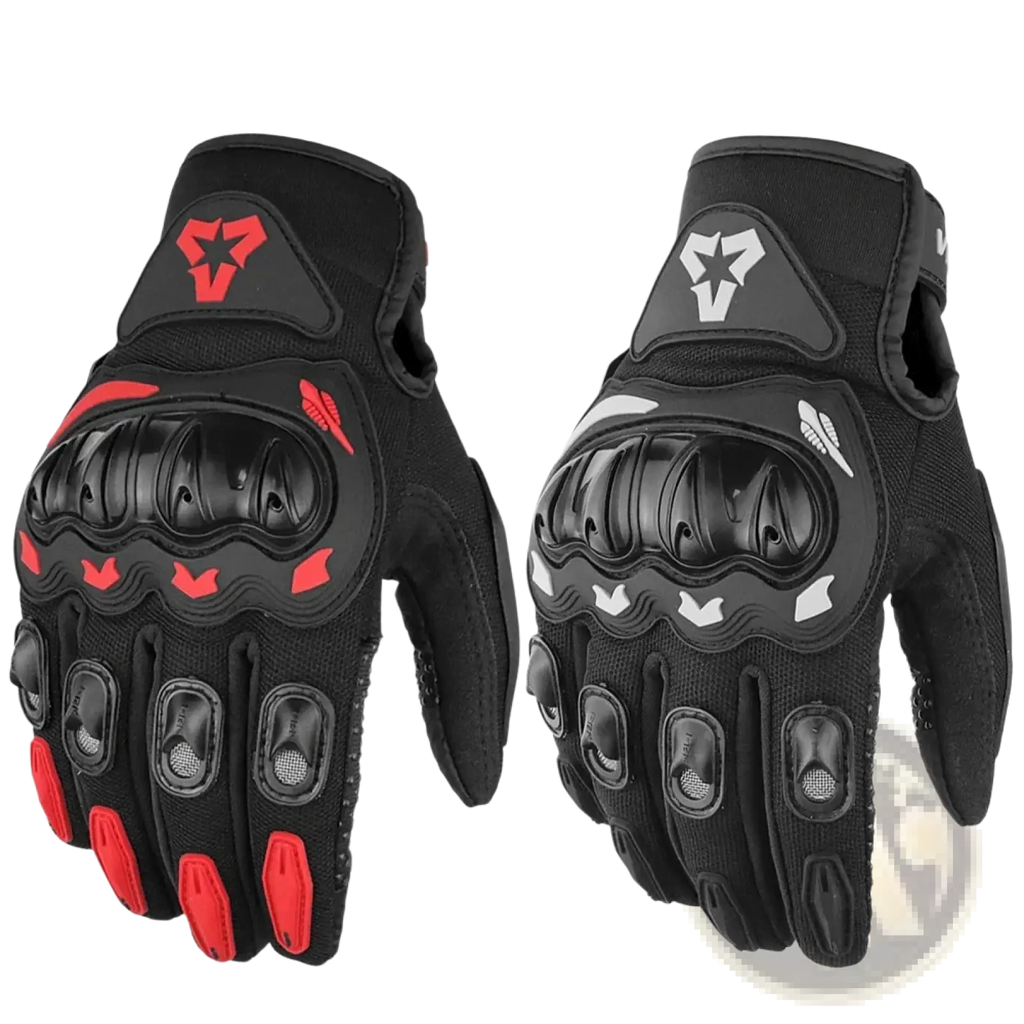 Back side of black and red vemar summer motorcycle gloves with reinforced knuckle protection and breathable mesh panels