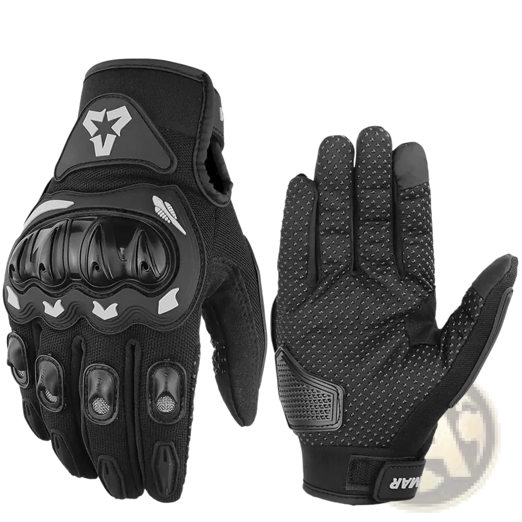 Black vemar summer motorcycle gloves with reinforced padding and breathable perforated mesh back side view