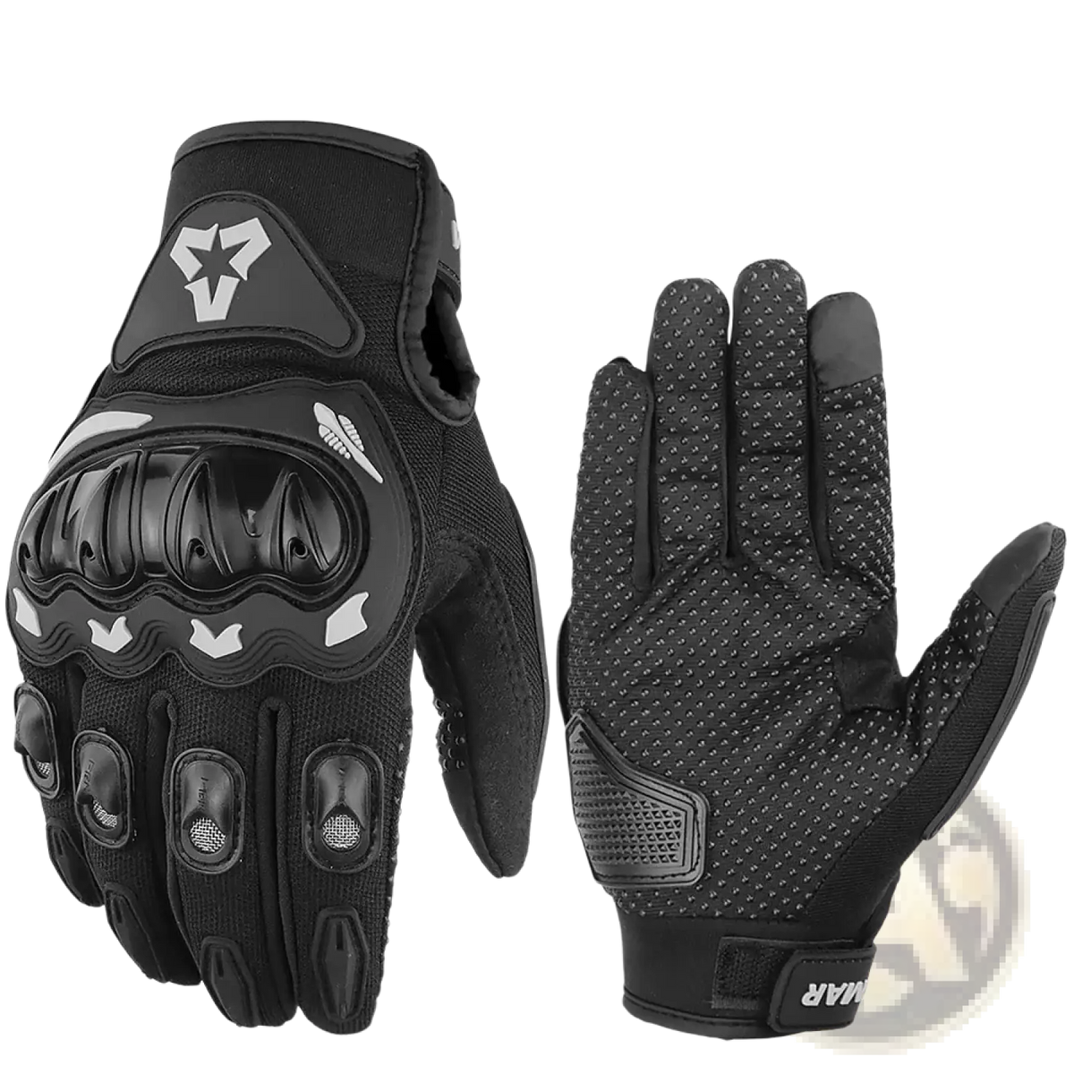 Black vemar summer motorcycle gloves with reinforced padding and breathable perforated mesh back side view