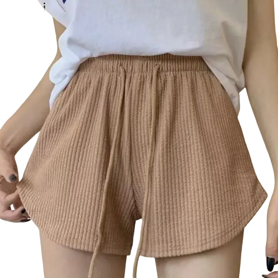 Beige ribbed knit summer shorts with drawstring waistband made from waffle sport fitness fabric for high waist wear