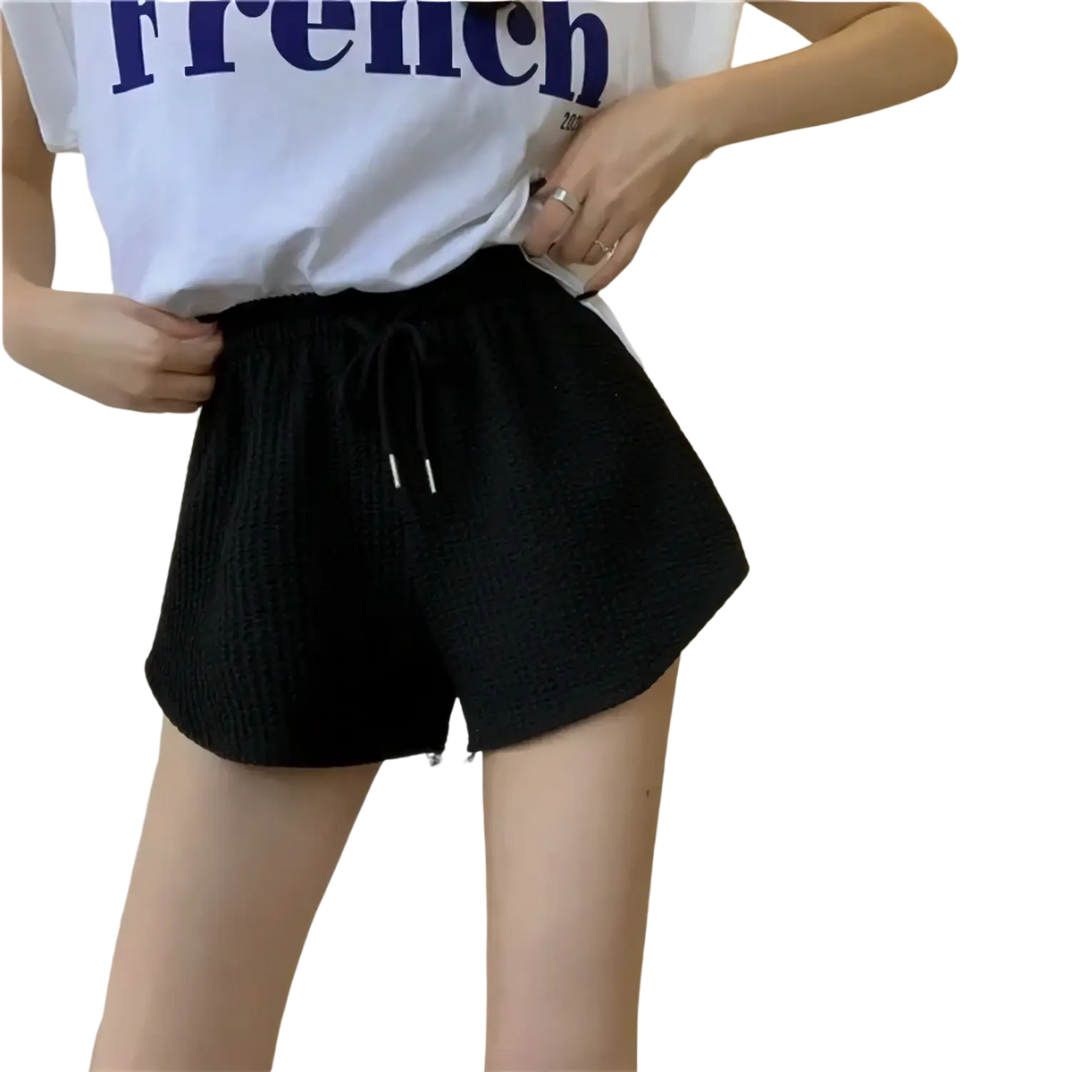 Black textured knit summer shorts with drawstring waistband waffle sport fitness high waist short pants