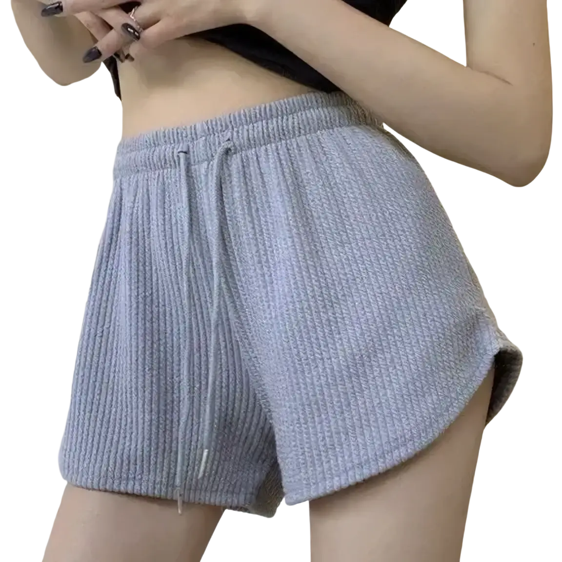 Light gray ribbed knit waffle sport fitness summer shorts with drawstring waistband and side slits for comfort