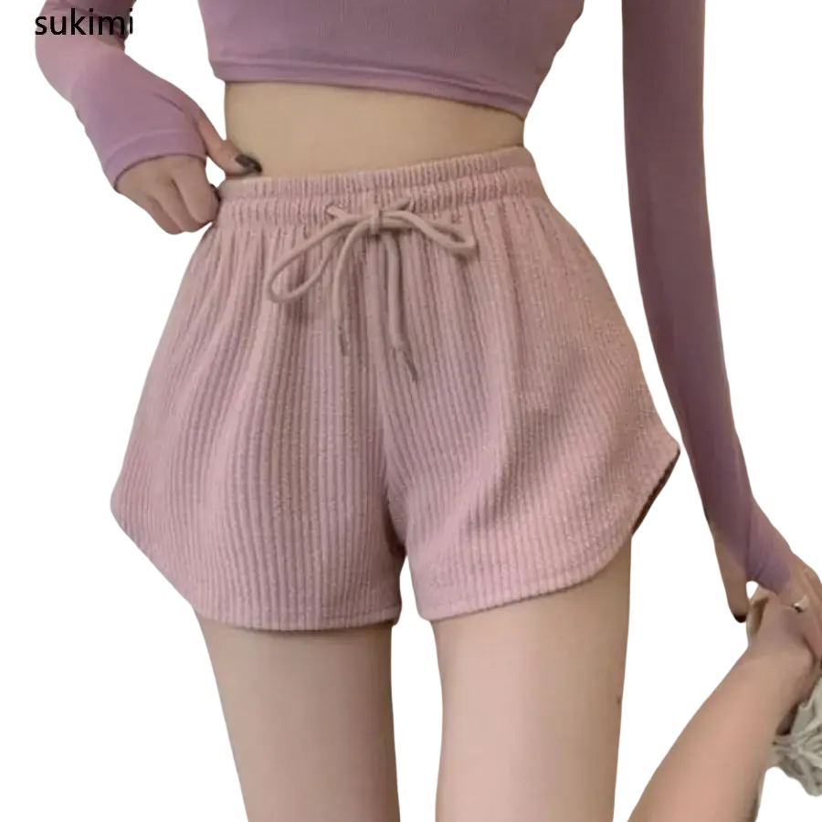 Pink ribbed corduroy summer shorts with drawstring waistband designed for waffle sport fitness and high waist comfort