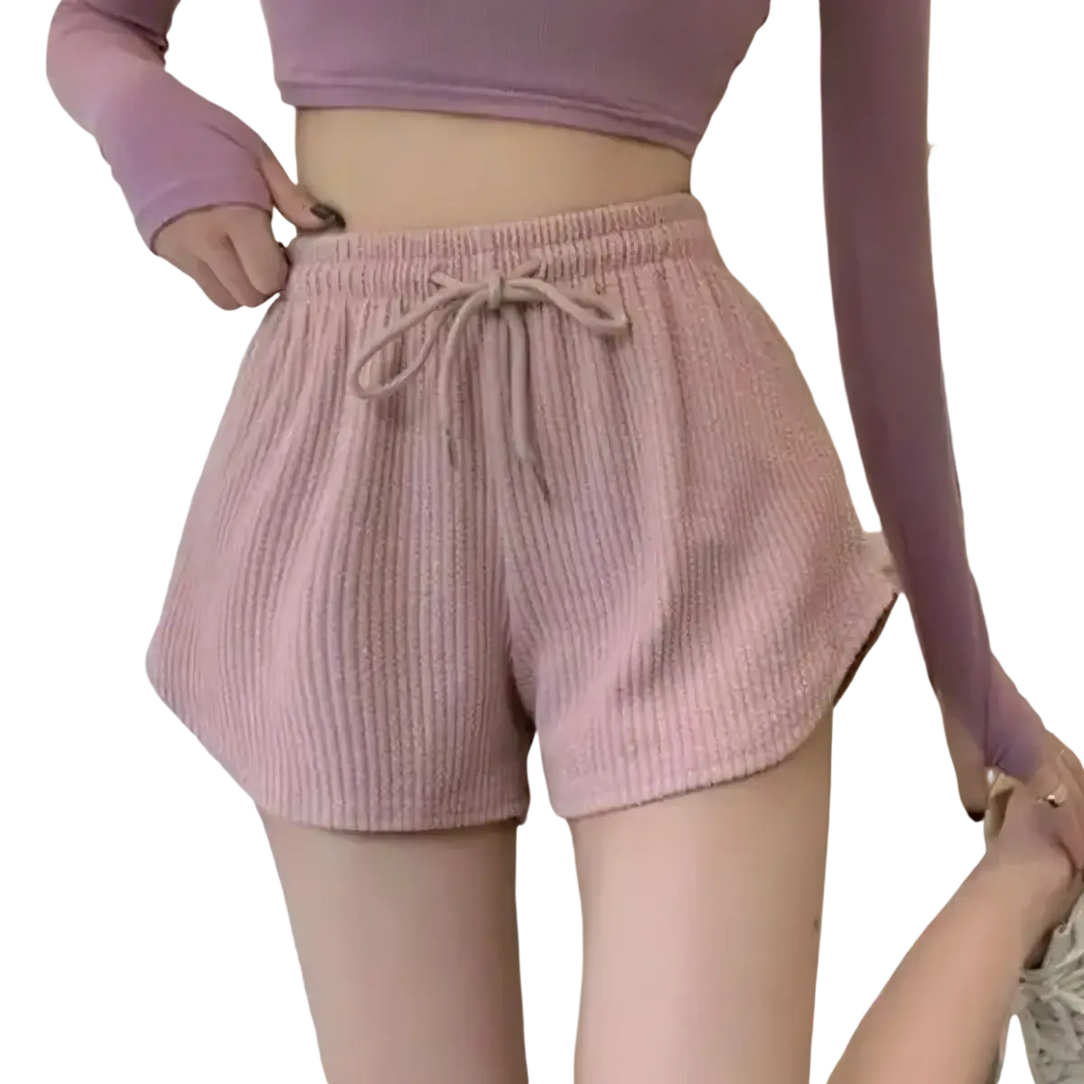Pink ribbed knit summer shorts with a drawstring waistband made from waffle sport fitness fabric for high waist comfort