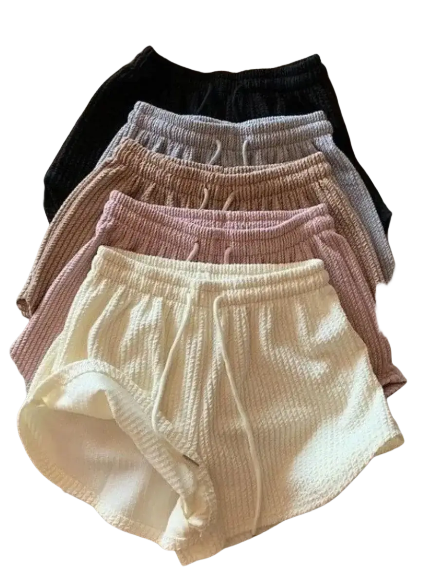 A soft ribbed knit waffle sport fitness summer shorts set in cream pink gray and black with high waist design