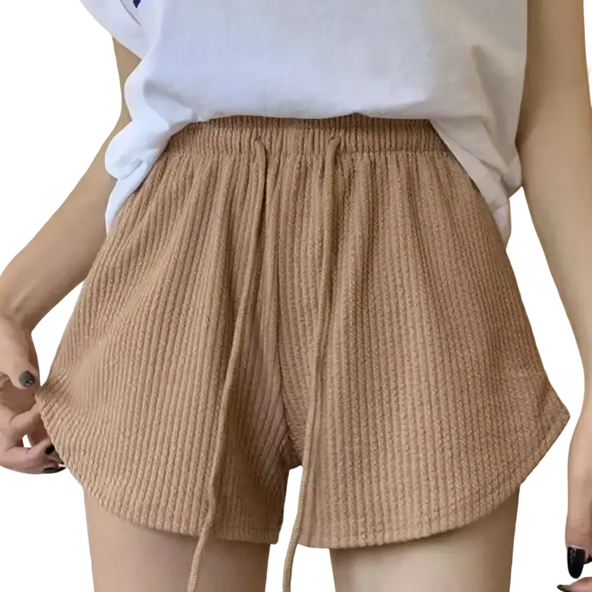 Tan ribbed knit summer shorts with drawstring waistband made from waffle sport fitness fabric high waist design