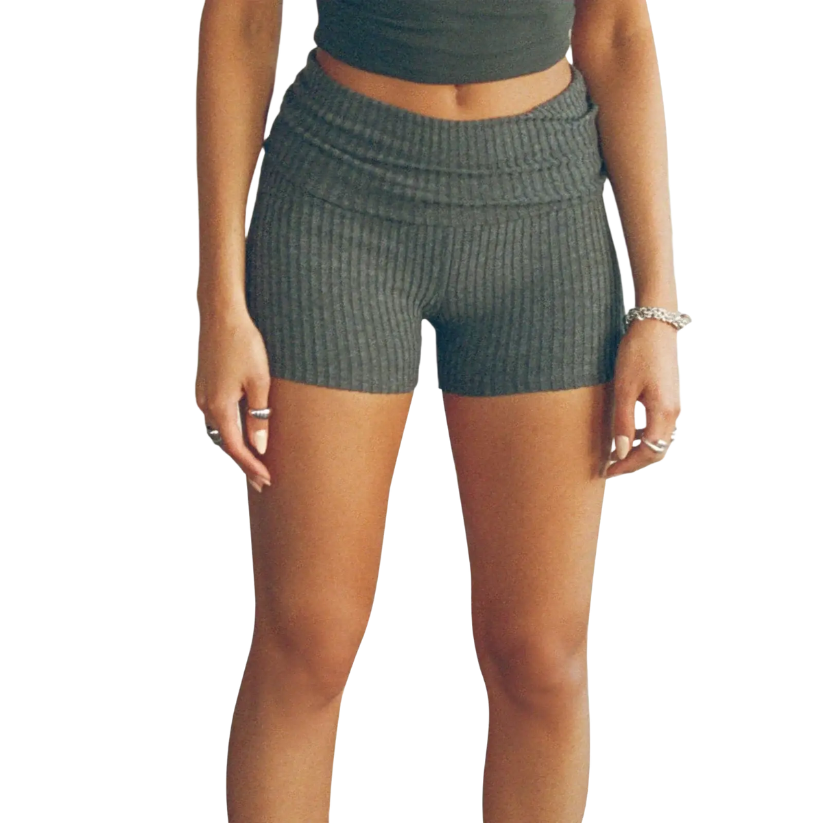 Dark gray solid color summer slim knit shorts with ribbed texture and high-waisted elasticated fold over waist