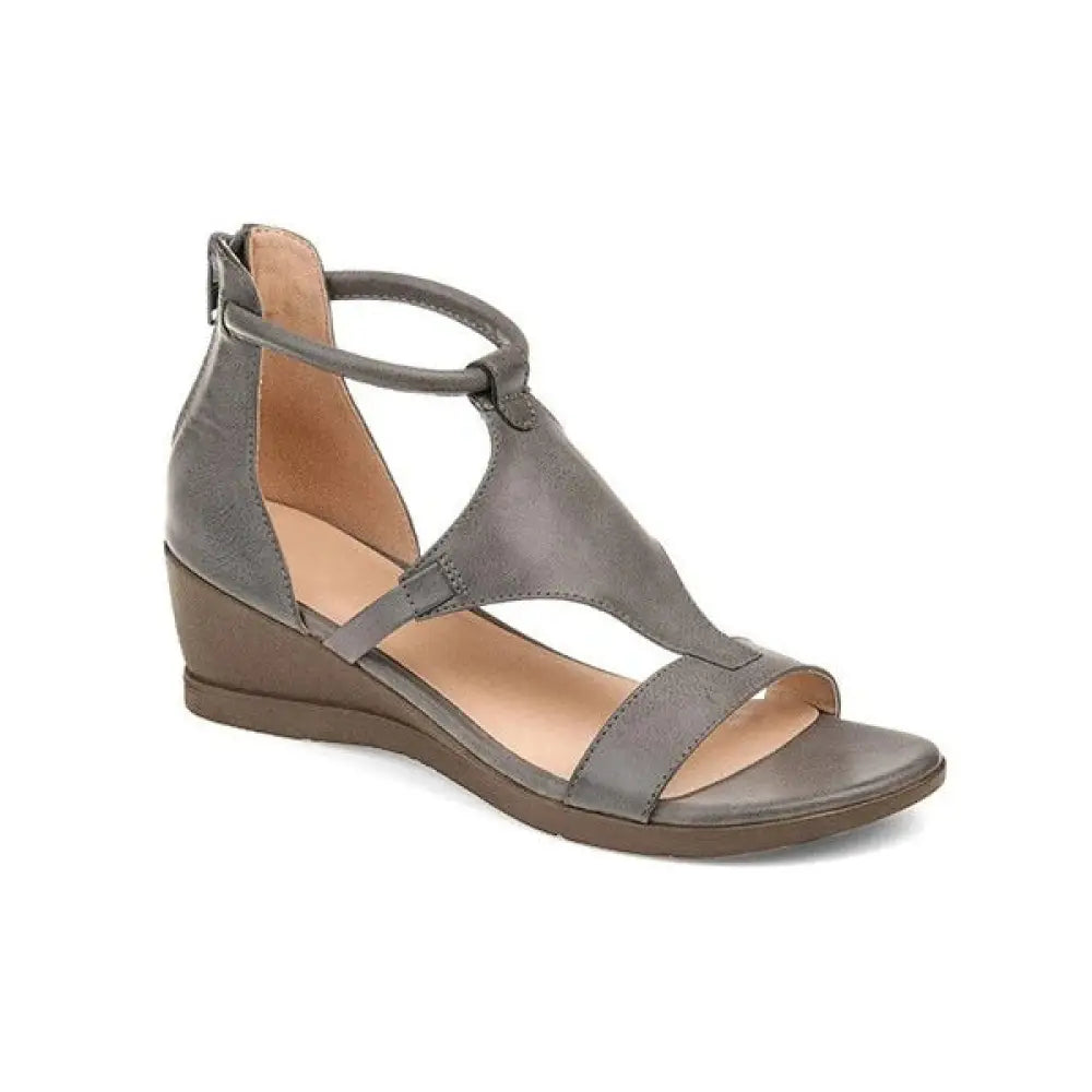 Gray leather wedge sandal with t-strap and ankle strap from women’s leather and suede t-strap summer wedge sandals